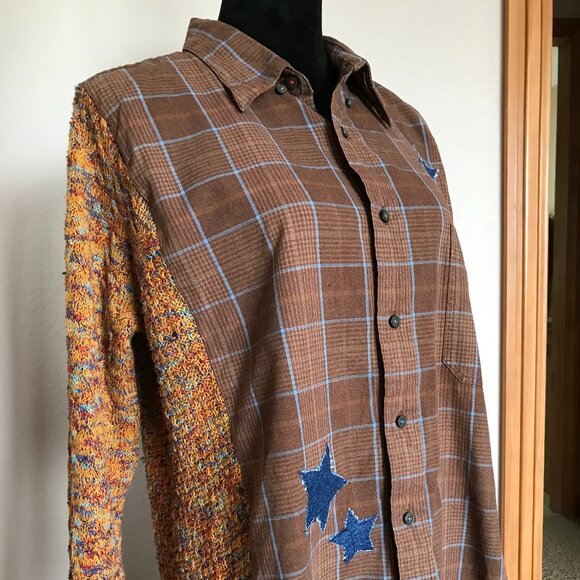Upcycled Autumn Flannel Shirt, Sweater Sleeves: Plaid Button-Down Jacket Size L - Picture 6 of 10